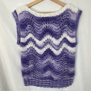 Vintage Handmade Knitted Sweater Vest Top Purple/White Wavy Chevron Pattern OS
